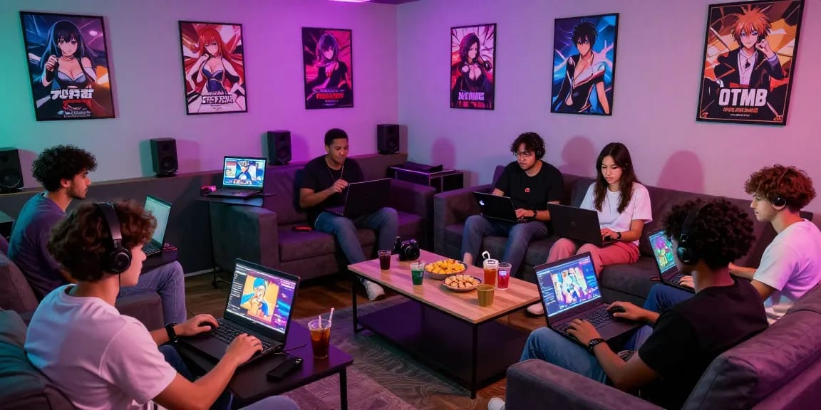 Gamers enjoying hentai games in a vibrant adult lounge setting with colorful lighting and engaging atmosphere.