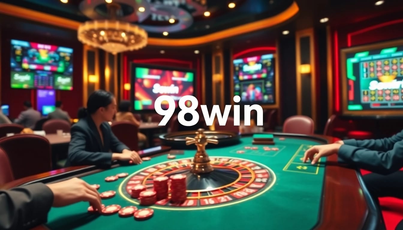 A thrilling casino scene at 98win with vibrant gaming tables, poker chips, and a spinning roulette wheel.