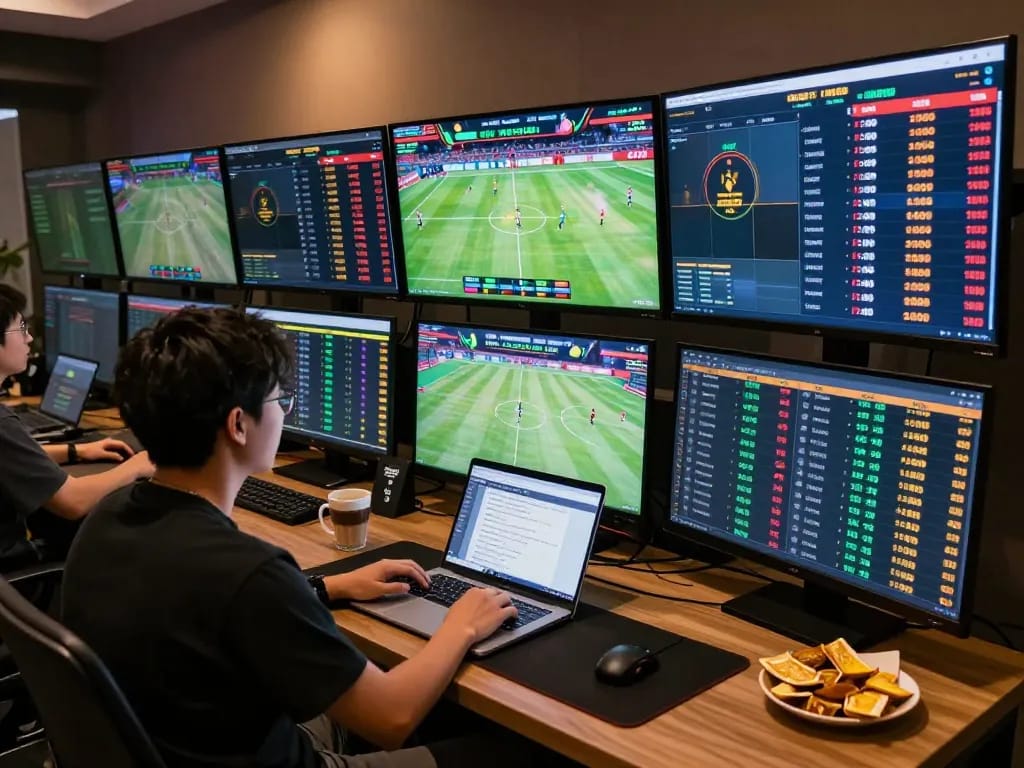 Player engaging in sports betting with NET88 on multiple screens and strategic betting notes