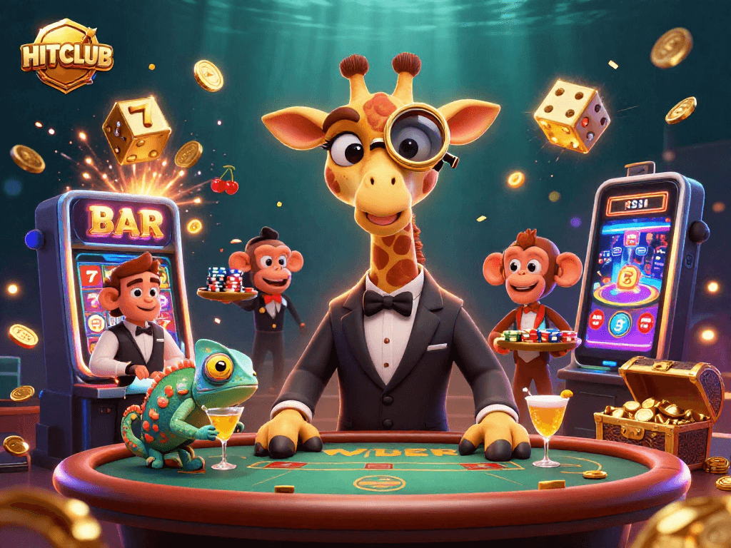 Experience the excitement of HITCLUB with a cartoon high-roller giraffe at a VIP poker table, surrounded by dynamic casino elements.