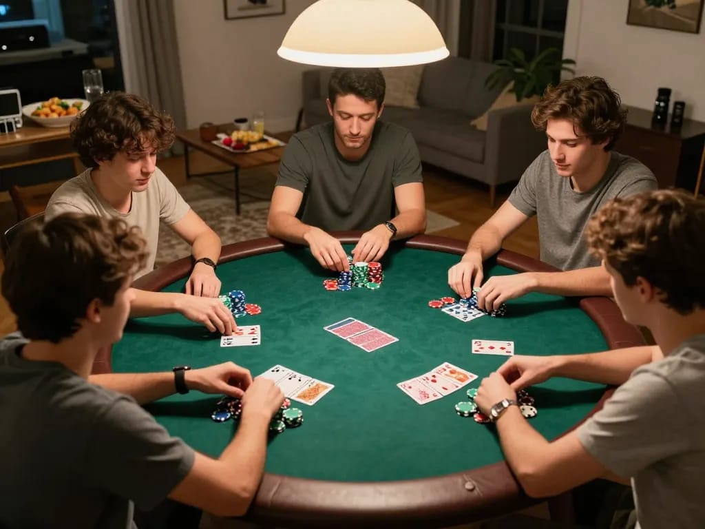 Friends play poker at home, showcasing hm88 gaming strategies with chips and cards