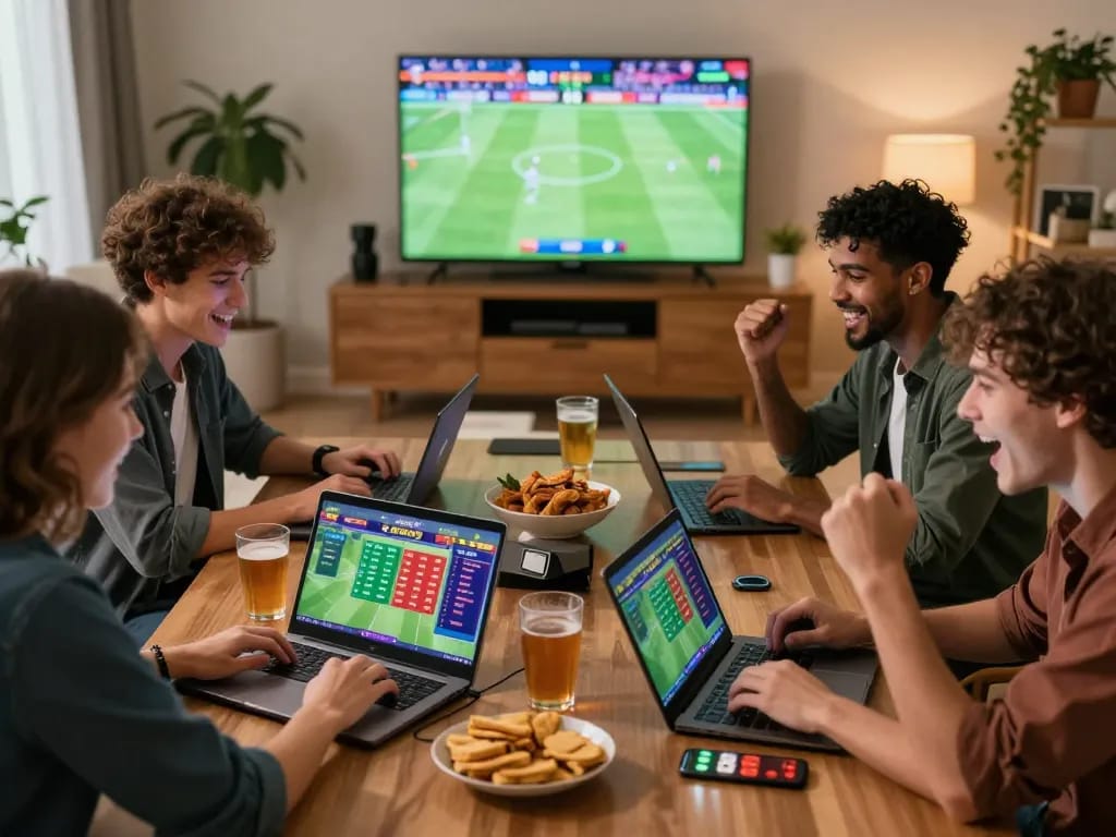 SBOBET88 online gaming experience with friends celebrating sports betting excitement in a lively setting.