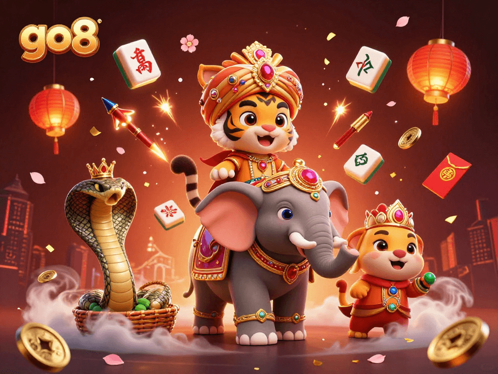 Engage with go8's vibrant gaming environment featuring a 3D maharaja, jewel-encrusted elephant, and casino elements.