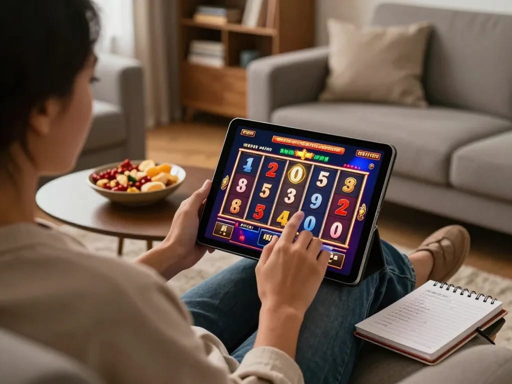 Person playing tr88 slot game on a tablet in a cozy home setting.
