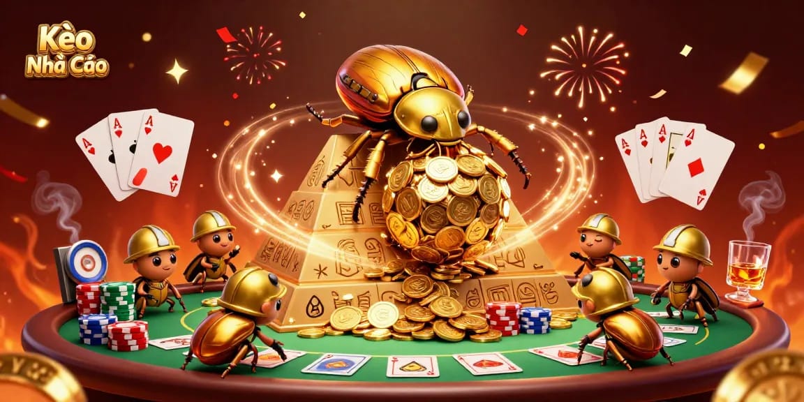 Kèo Nhà Cái showcases a golden beetle rolling coins with a poker table and vibrant casino elements.