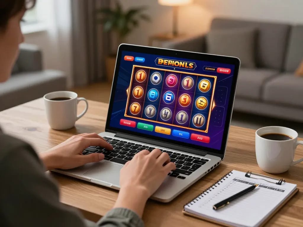 sunwingo engaging with online slots in a cozy home office setting, showcasing responsible gaming