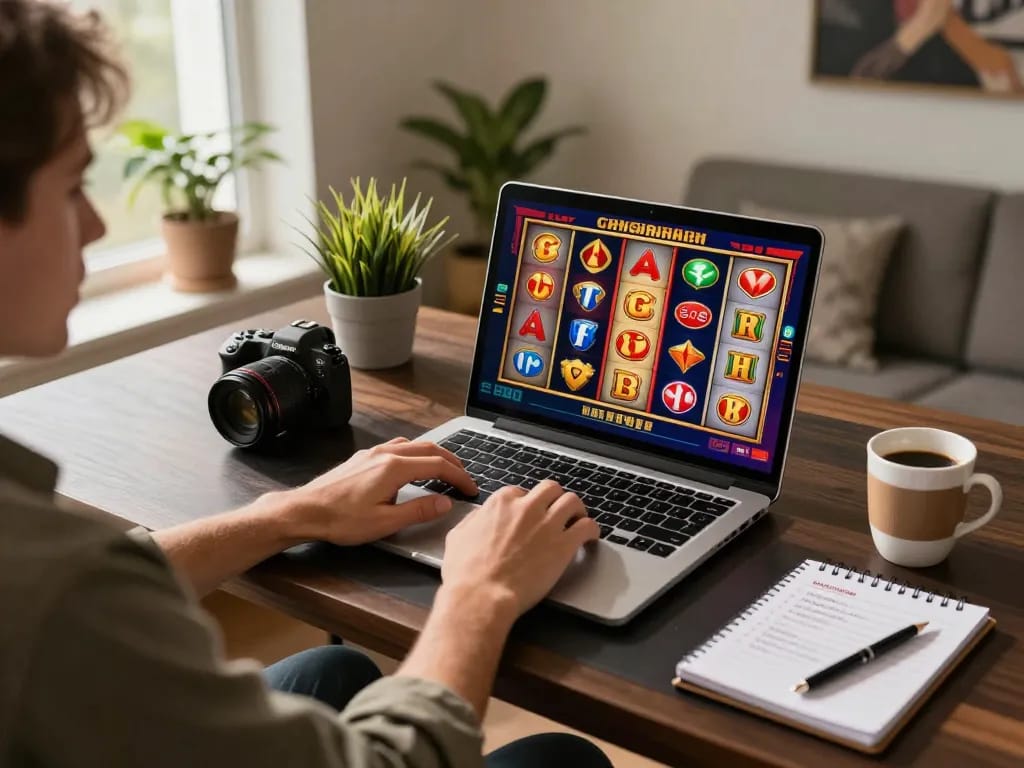 Player engaging in online slots at home, showcasing thabete gaming experience with modern setup and strategies.