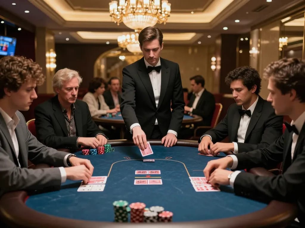 Engaging poker players in a sophisticated casino setting, showcasing đăng ký BL555 excitement and strategic gameplay