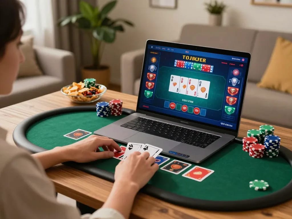 Engaging fun79 online casino gaming experience with poker gameplay at home.