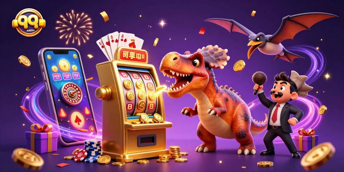 qqmacan showcases excitement with a dinosaur winning on a golden slot machine amidst flying coins.