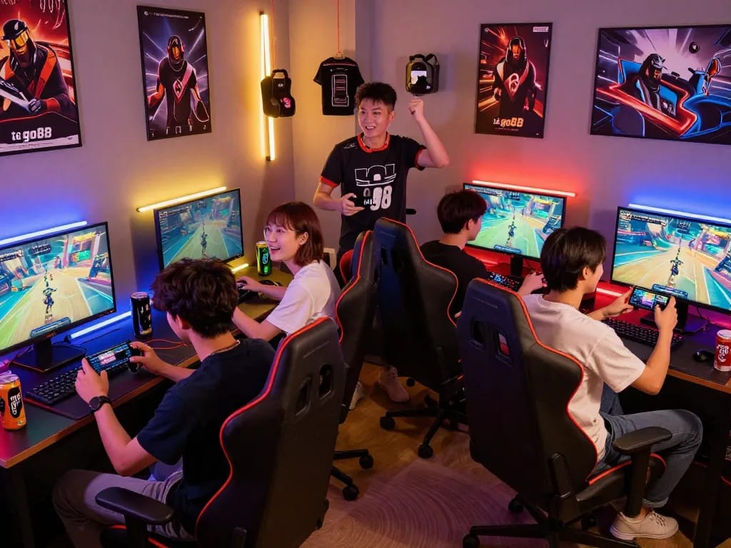 Exciting gaming scene of friends discussing tải go88 in vibrant atmosphere.