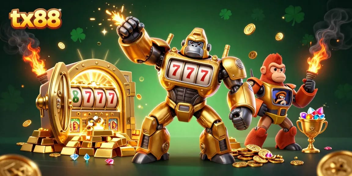 Experience thrilling slots and jackpots at tx88 with a vibrant golden gorilla mech illustration.
