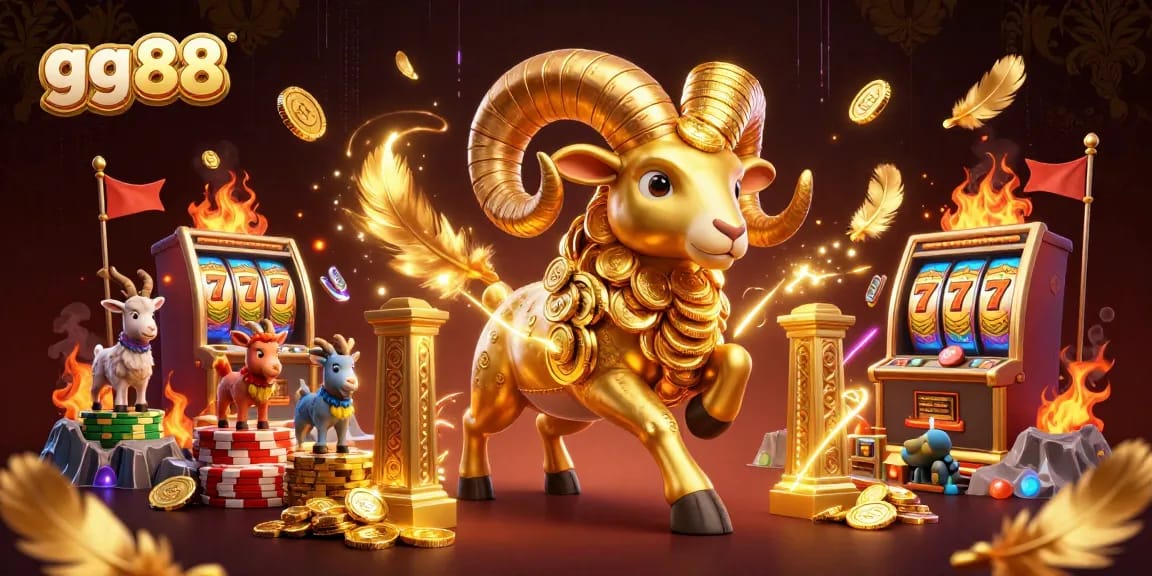 Experience thrilling gameplay at gg88 with a dazzling scene of a golden ram charging towards jackpot slot reels.