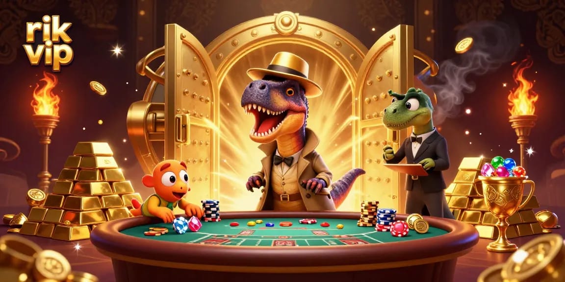 Experience fun at rik vip casino with animated 3D cartoon dinosaurs engaged in blackjack action!