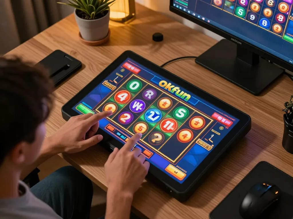 Player enjoying a thrilling slot game on okfun com, showcasing vibrant colorful reels and an exciting mobile gaming experience.