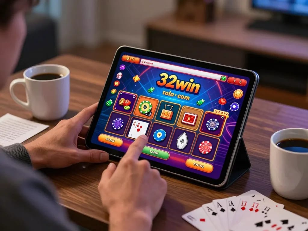 Player analyzing poker strategies on 32win com tablet in relaxed home setting