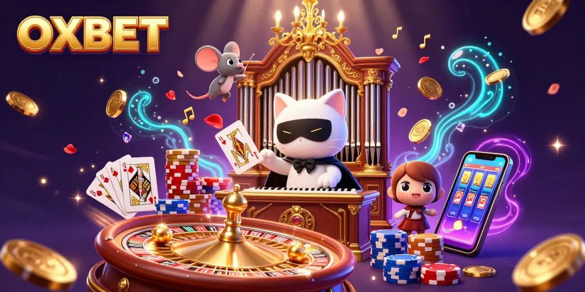 Experience the excitement of OXBET with casino characters amidst a sparkling casino backdrop.