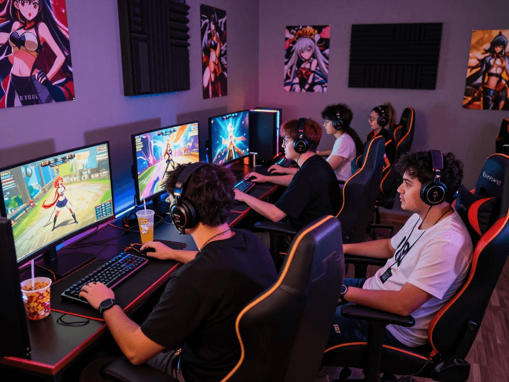 Engaged players enjoying hentai games in a vibrant gaming setup, showcasing dynamic anime graphics.