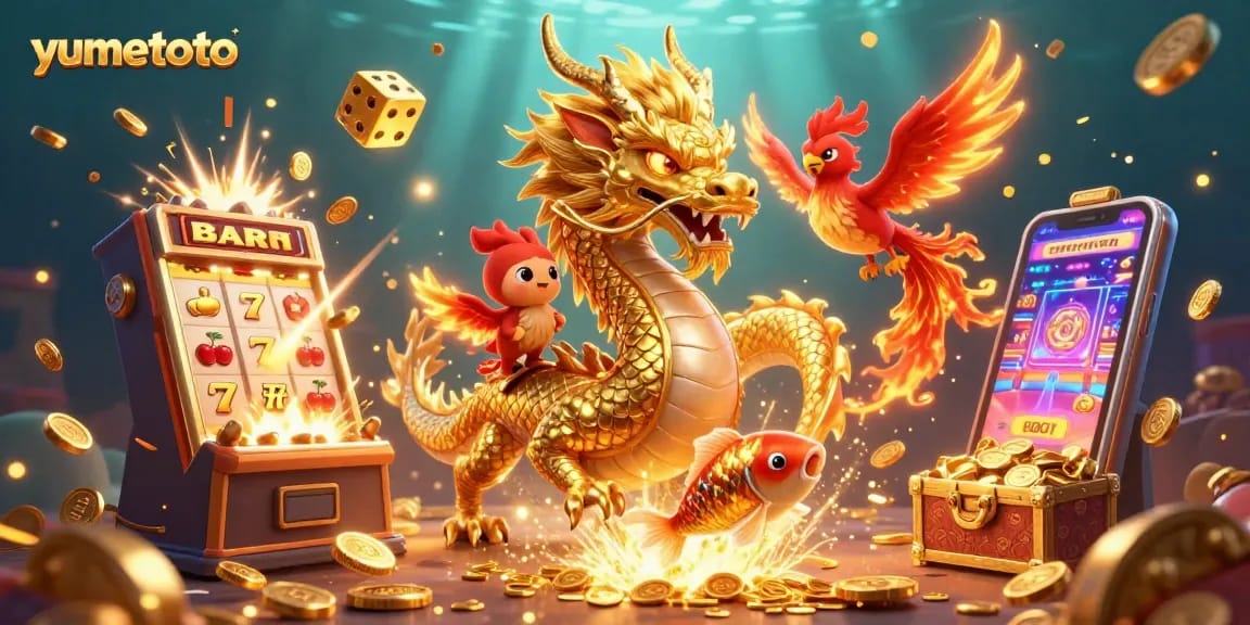 Experience thrilling wins at yumetoto with a dynamic scene of a dragon, phoenix, and koi fish among vibrant casino elements.