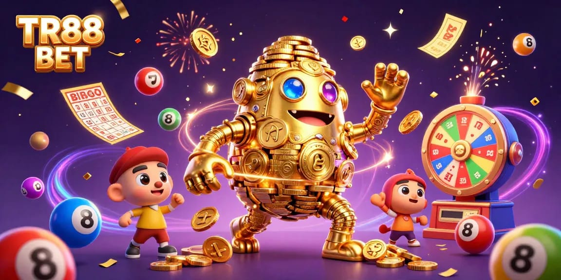 Engage with TR88 BET's vibrant gaming world featuring a golden golem, dynamic lottery elements, and magical visuals.
