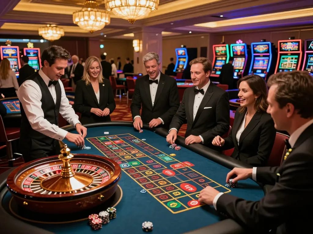 MAY88 players engaged in thrilling roulette action at a luxury casino, vibrant atmosphere.