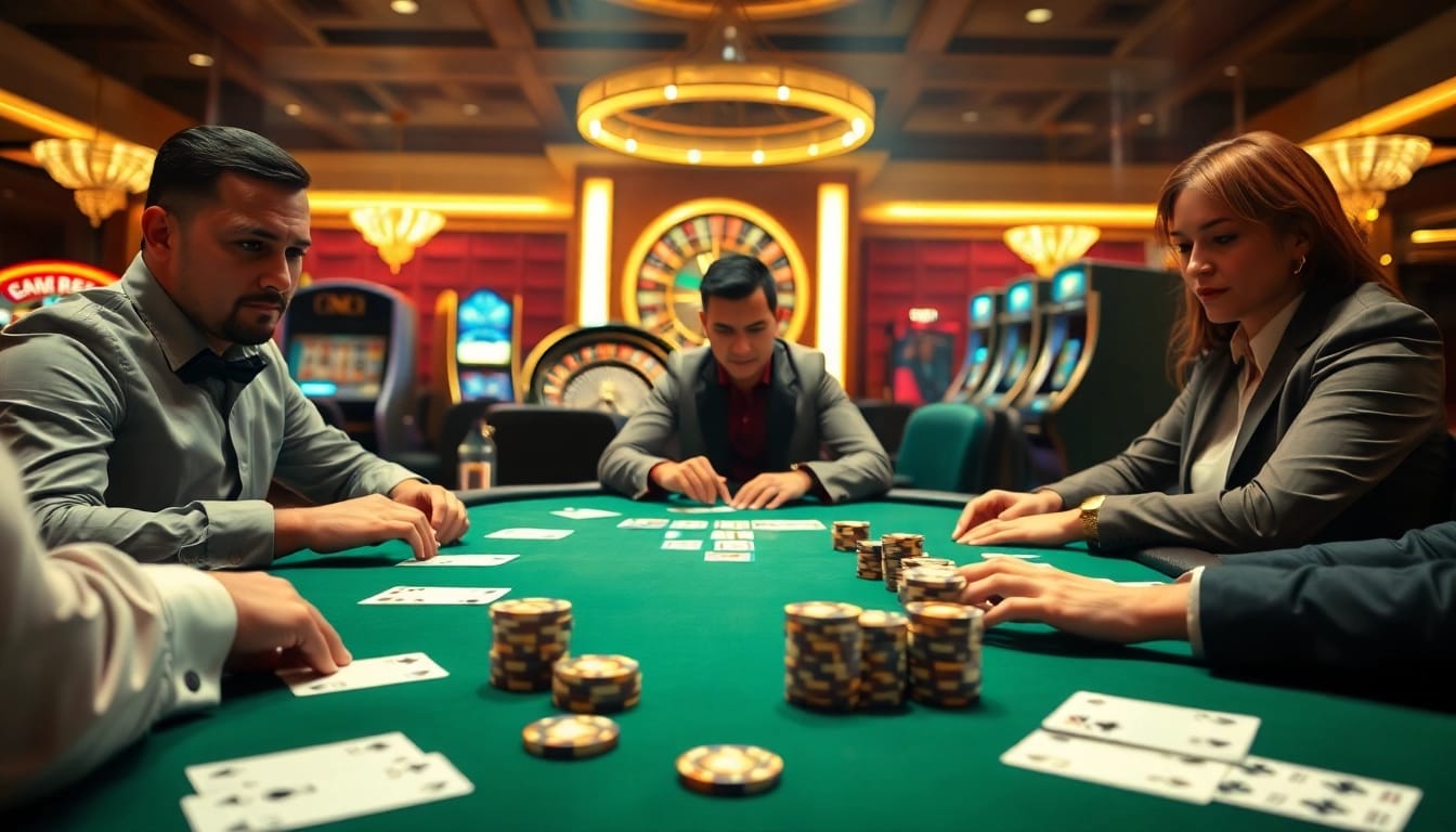 Professional gamblers strategize at a poker table featuring go8 poker chips and cards.