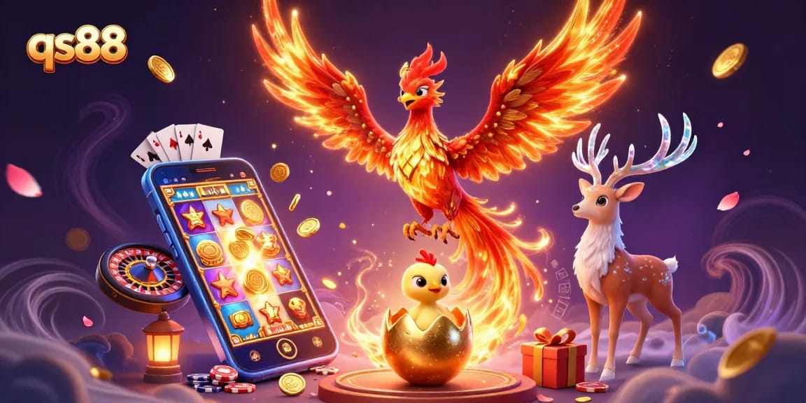 Engage with qs88's thrilling casino adventure featuring a phoenix and gaming elements.