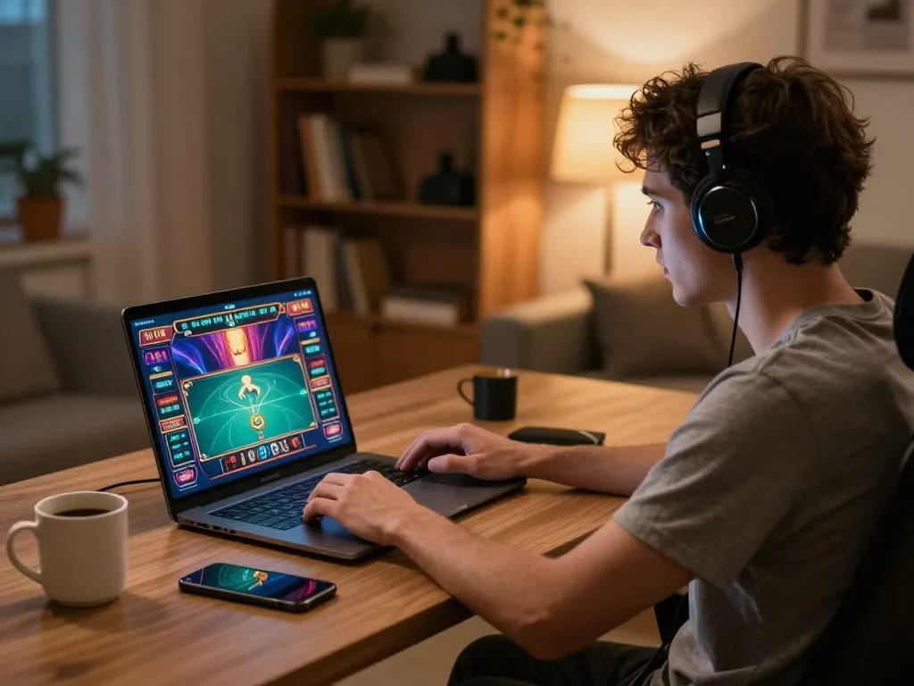 Engaging with online casino gameplay at trang chủ F168 in a cozy home setting