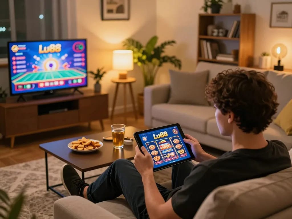 Lu88 player enjoying online casino game on tablet in a cozy home setting