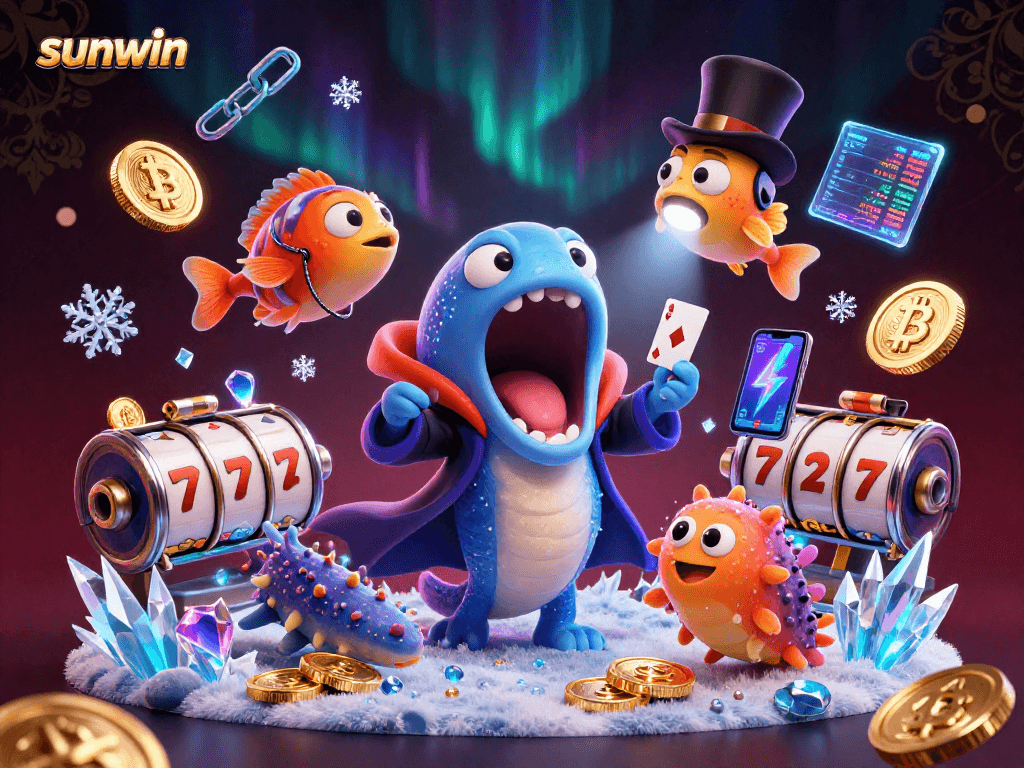 Engage in thrilling slot experiences with sunwin's captivating casino illustration featuring vibrant characters.