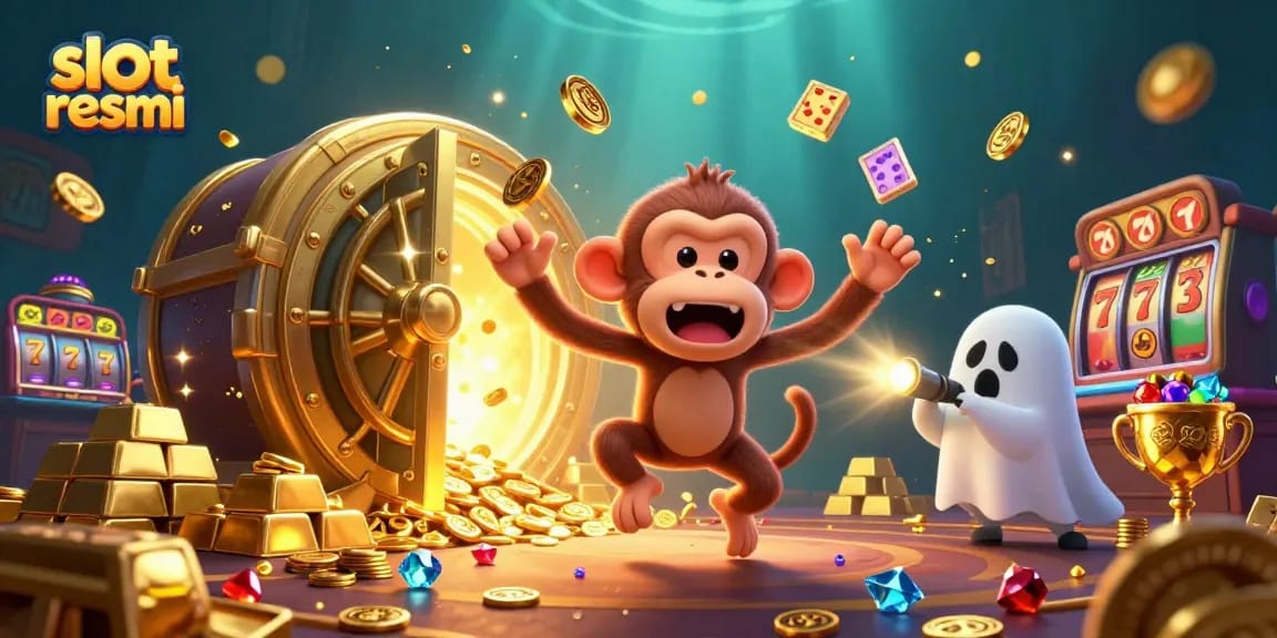 Engage with slot resmi in a vibrant casino scene featuring a mischievous monkey juggling coins.