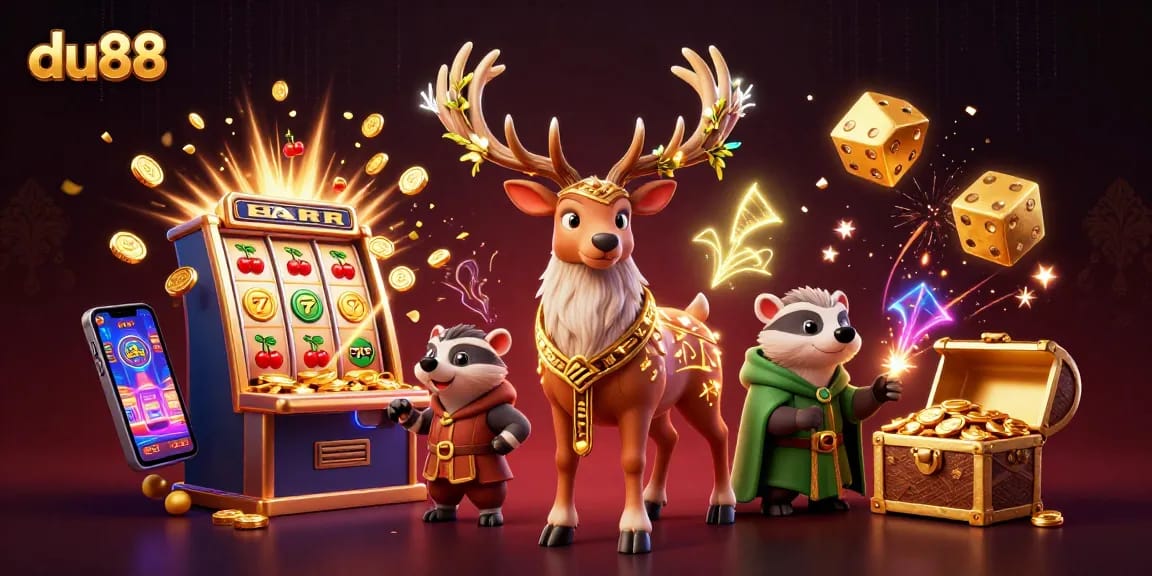 Experience the magic of du88 with a vivid jackpot scene featuring a Celtic druid and dynamic casino elements.