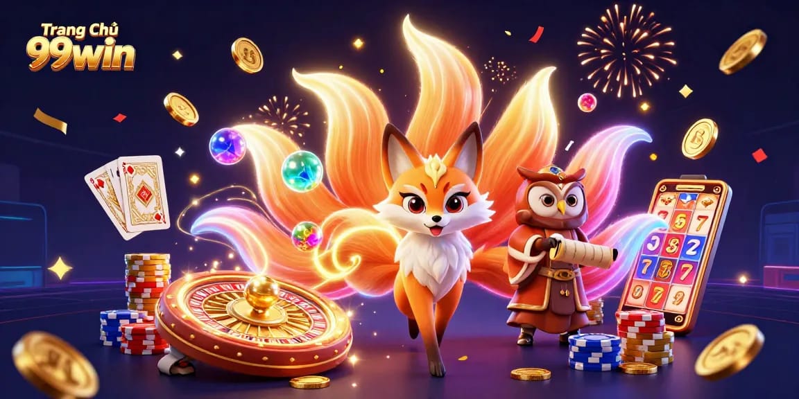 Win big at Trang Chủ 99win with vibrant, animated illustrations capturing the thrill of online gambling.