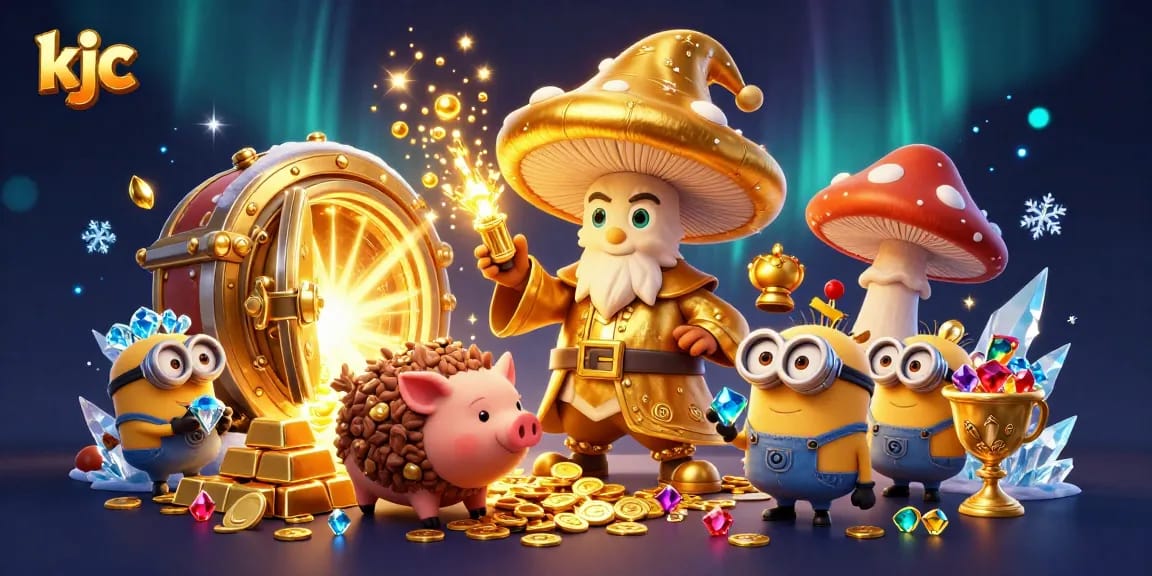 Explore thrilling gaming experiences at KJC with the magical mushroom wizard and treasure pig.