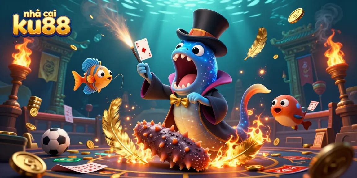 Master card tricks in a vibrant undersea scene with nhà cái ku88 and lively sports betting elements.