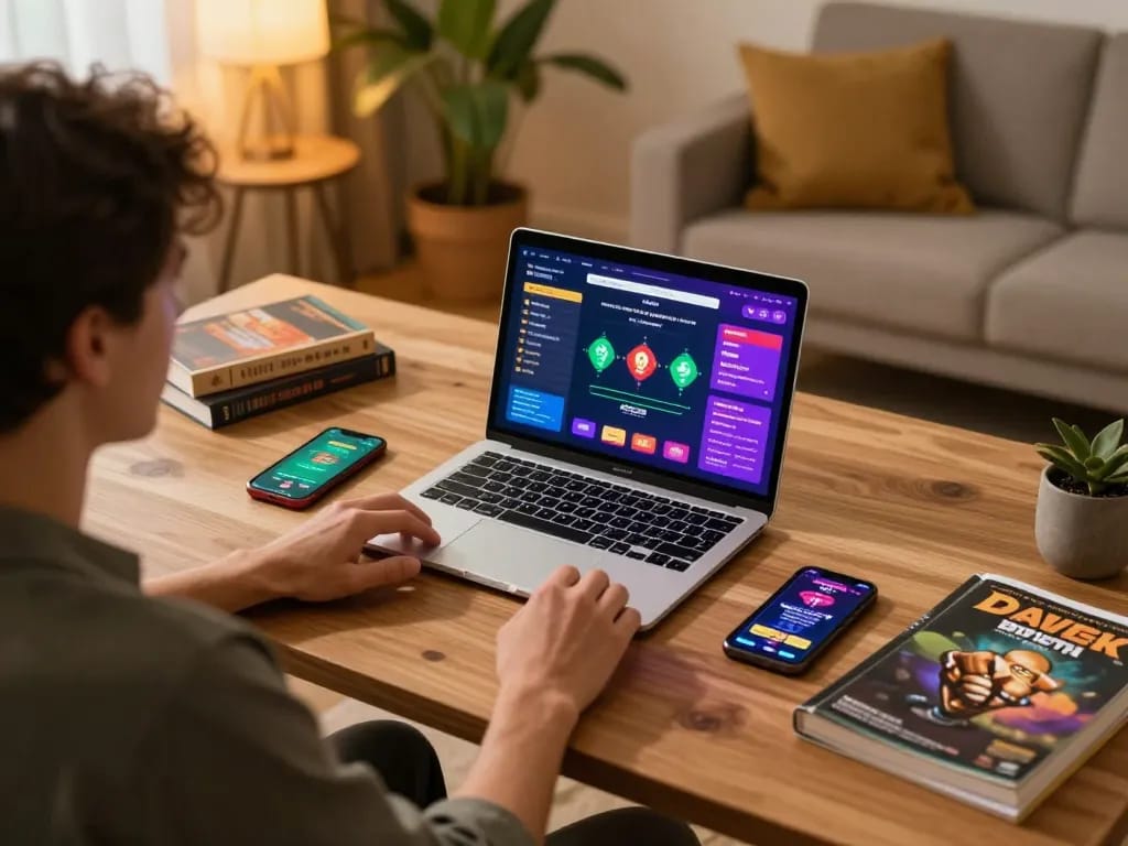 Player engaged in online poker at home while exploring MK8 gaming strategy with a focused setup.