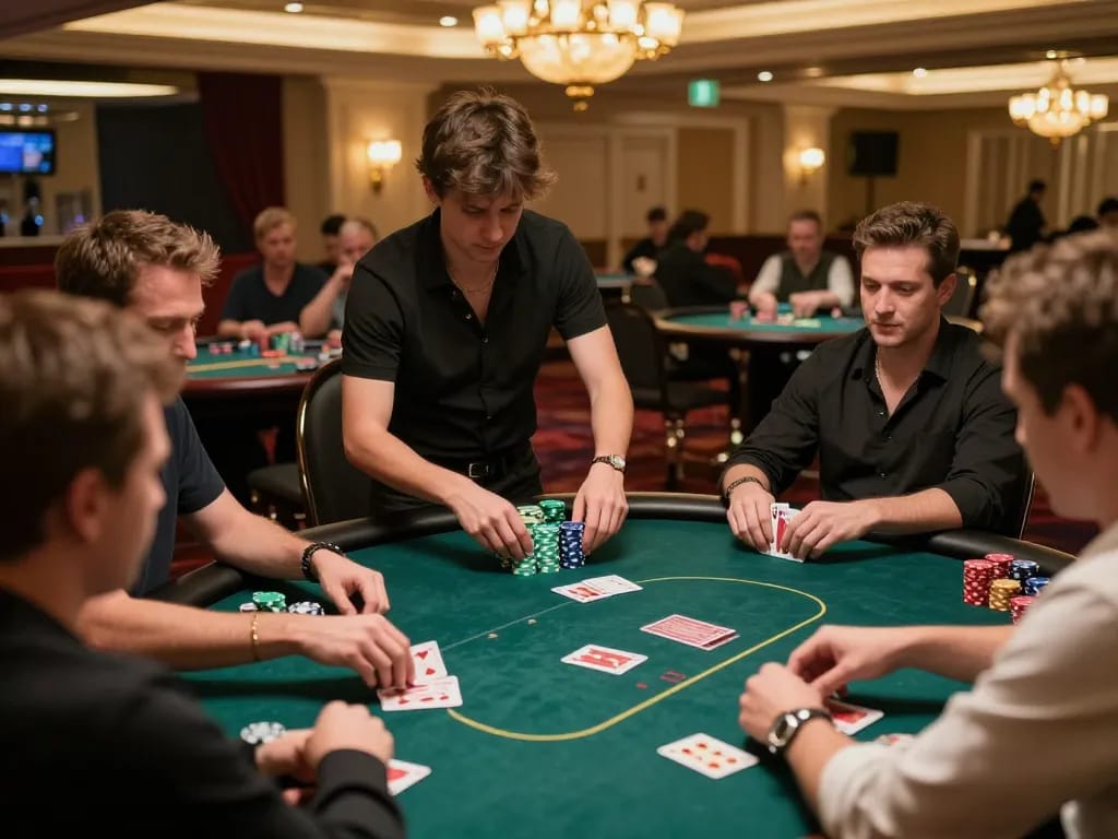 Players engaged in an intense lc88 poker game at an upscale casino, capturing strategic moments and vibrant atmosphere.