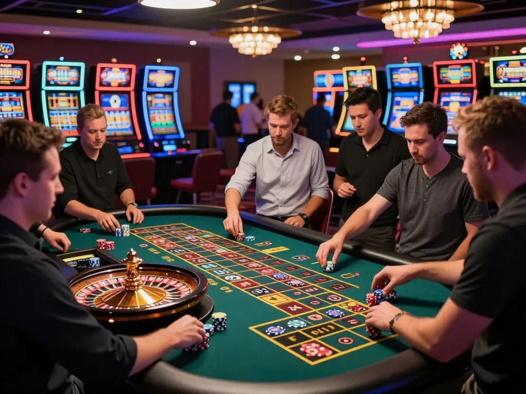 Players engaging at a roulette table while enjoying 7me casino excitement in a vibrant, colorful atmosphere.