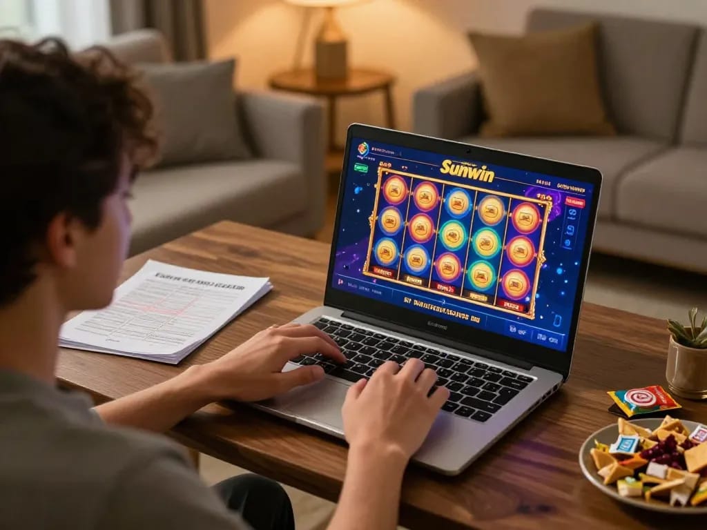 Engaged player navigating the Sunwin online casino platform with colorful slots in view