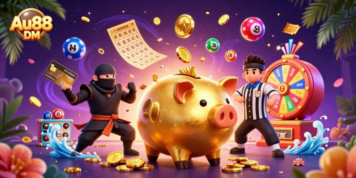 Engage with Au88 DM as a golden piggy bank sumo wrestler unleashes a coin storm in this dynamic 3D illustration.