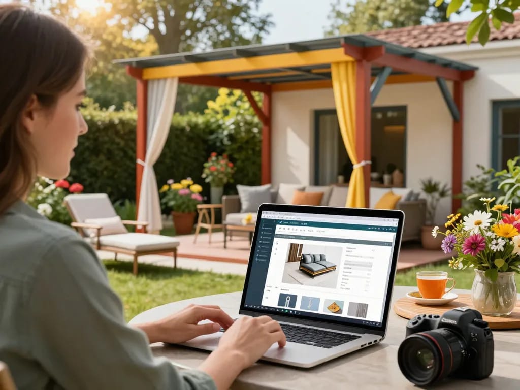 Person customizing a configuratore pergola online at a garden patio with vibrant colors and materials.