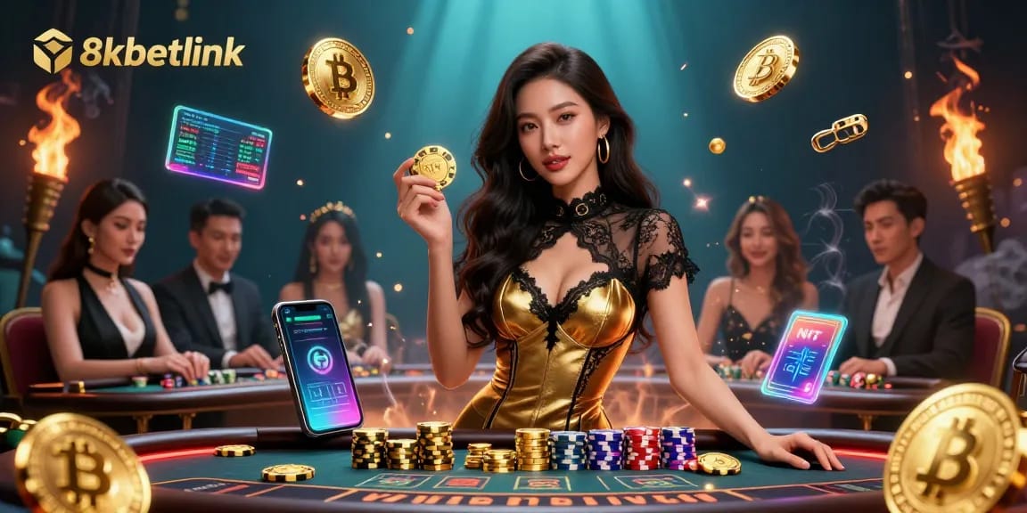 Play and win with the glamorous scene of 8xbetlink featuring high-stakes baccarat and crypto elements.