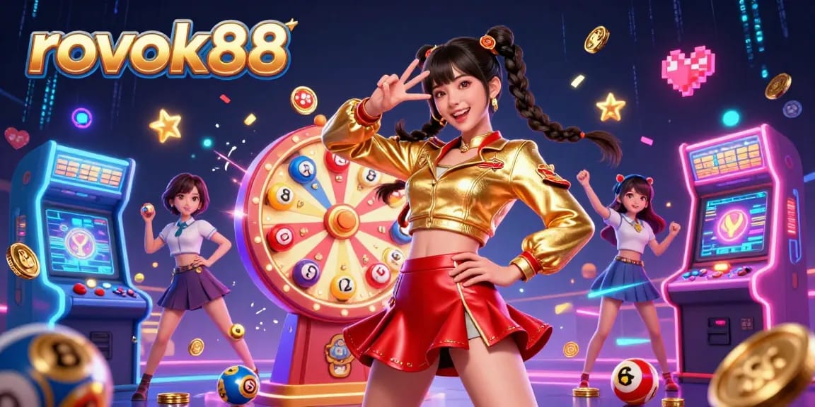 Experience gaming excitement with rokok88's vibrant 3D casino illustration featuring lively characters.