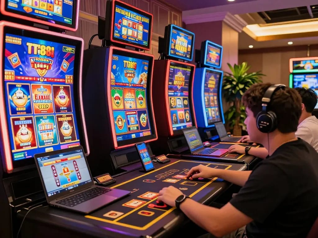 Experience the excitement of TT88 online gambling with players engaging in casino games, showcasing vibrant gaming themes and technology.