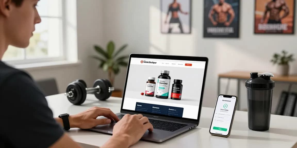 Steroide Boutique online shopping experience with fitness products and motivational decor.