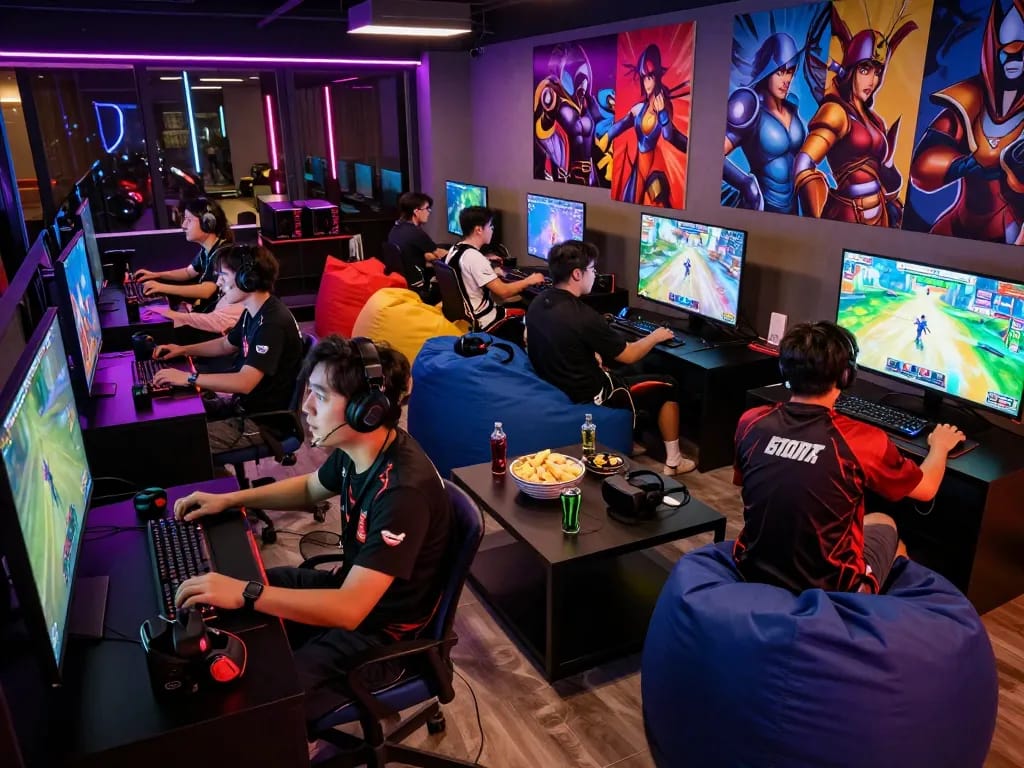 Group of gamers at https://bomwin.jp.net/ lounge playing multiplayer games with dynamic LED lighting.