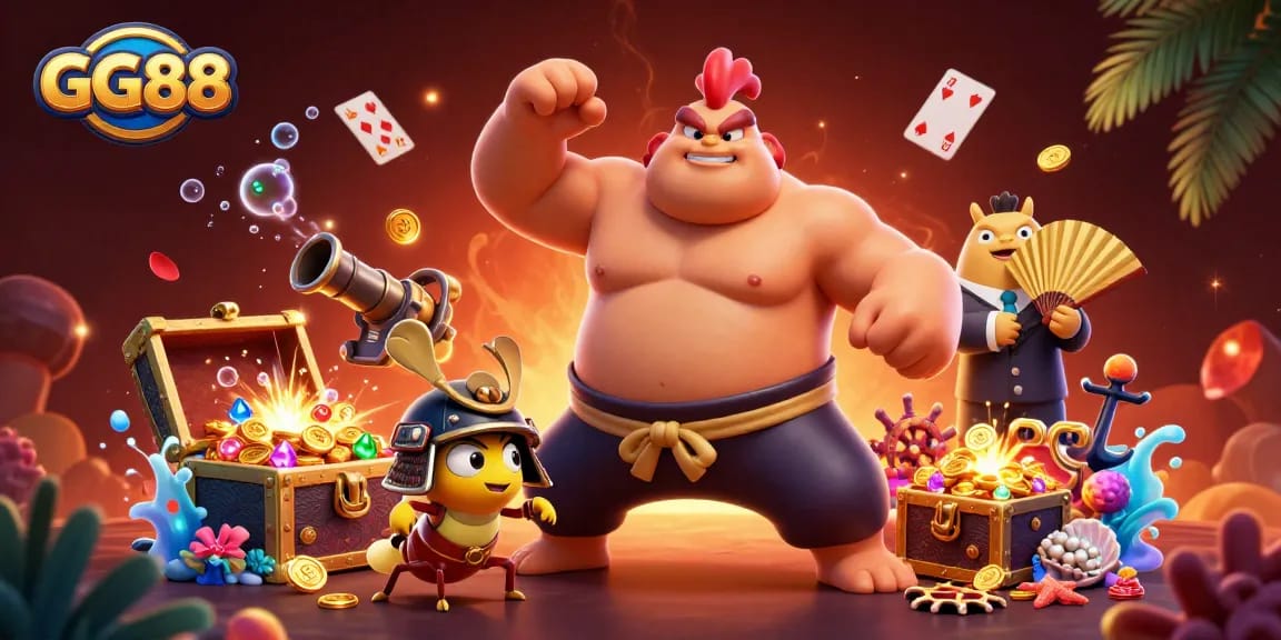 Win big with GG88's dynamic casino adventure featuring fighting characters and treasures.
