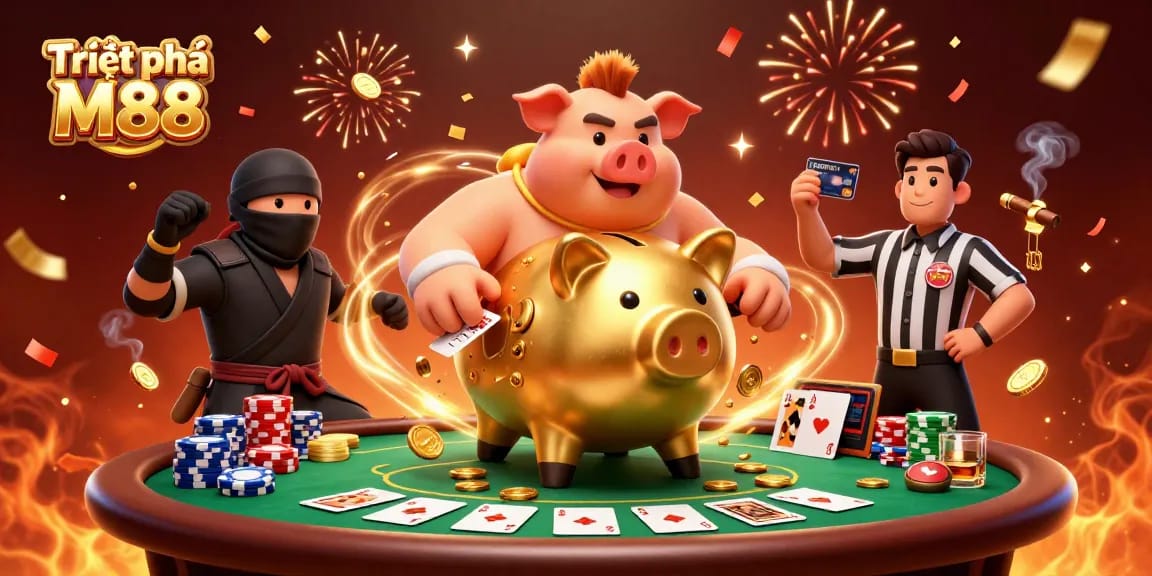 Triệt phá M88 action-packed 3D illustration showing a piggy bank sumo wrestler in a thrilling casino scene.