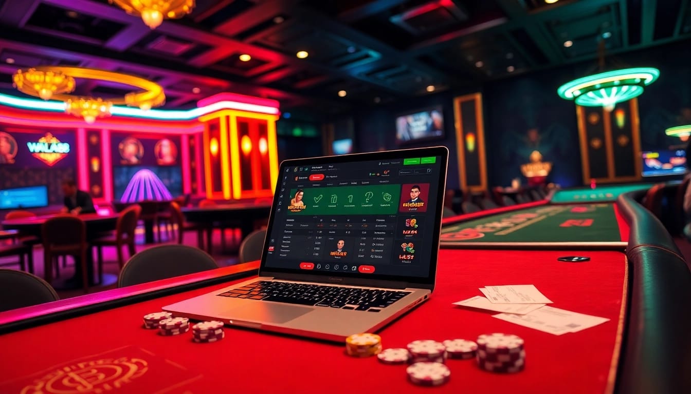 Engagingly immersive WALA88 đá gà scene with casino tables and online betting interfaces.