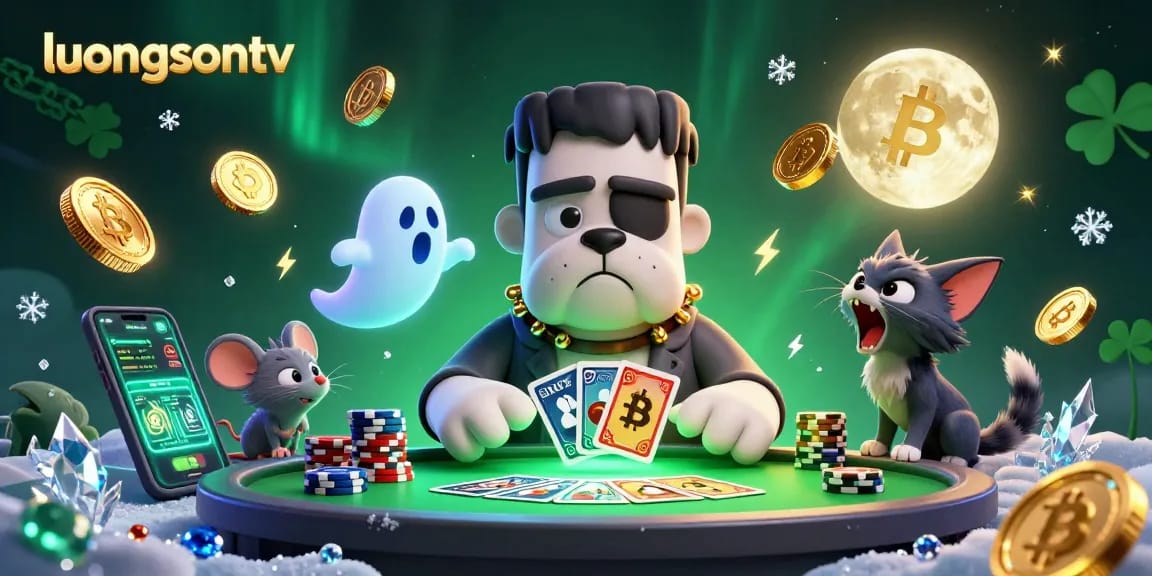 luongsontv showcases a lively 3D cartoon scene with a Frankenstein bulldog dealer at a casino table, highlighting crypto elements.